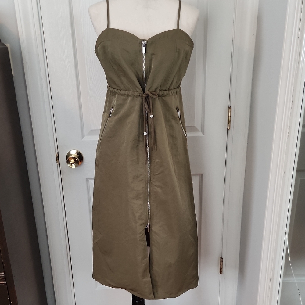 Future Collective Olive Green Spaghetti Strap Zip-Front Dress